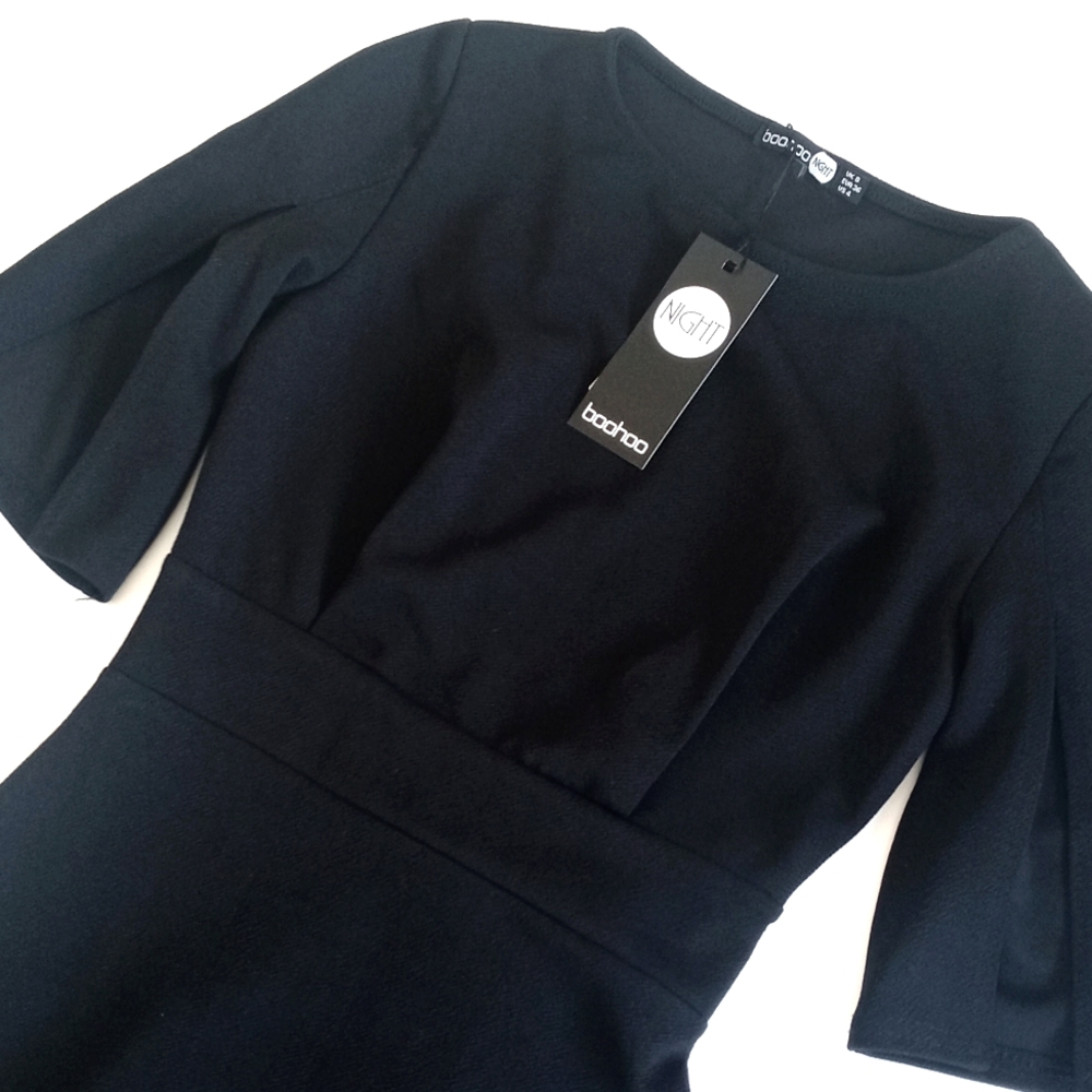 *Relisted* BooHoo "Nelly" Black Bodycon Mini Wiggle Dress 3/4 Split Sleeves 4 - Picture 4 of 10